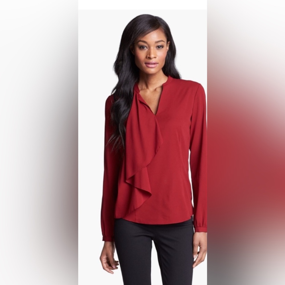 Lafayette 148 silk side ruffle blouse sz 16 red business casual plus size